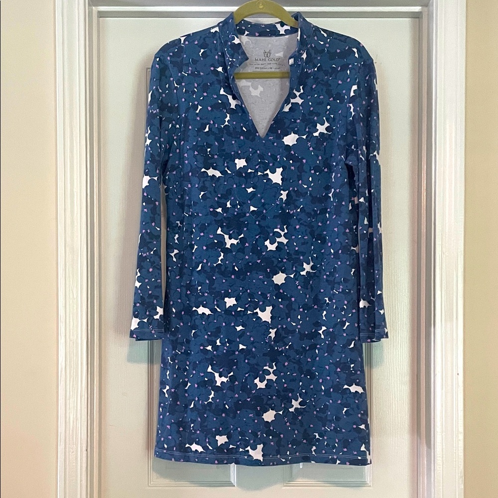 Mahi Gold Mixed Blue Blue Floral Pattern Tunic Dress Size Large